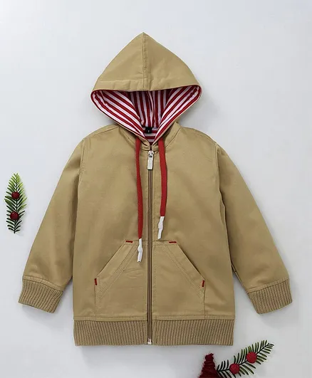 Rikidoos Solid Full Sleeves Hooded Jacket - Light Beige