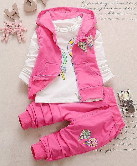 Awabox Lollipop Print Full Sleeves Tee With Hooded Jacket & Pant Set - Fuchsia