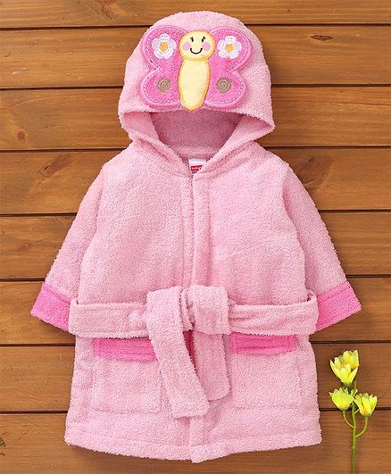 Babyhug Full Sleeves Hooded Bath Robe Butterfly Patch - Pink