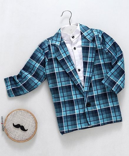Knotty Kids Full Sleeves Checkered Blazer - Blue