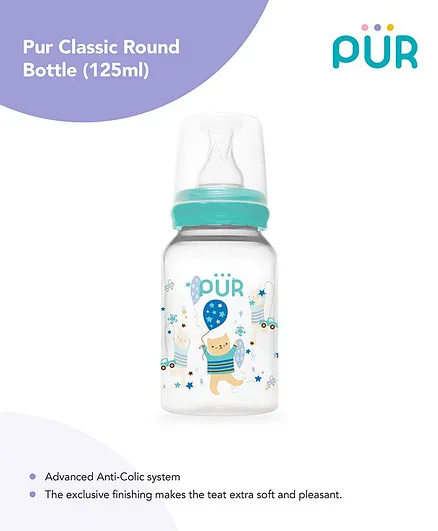 Pur Classic Round Bottle Feeding Teddy & Balloon Print Blue - 125 ml
