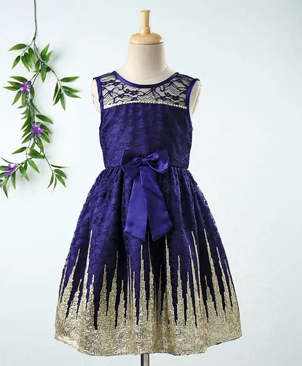 Babyhug Sleeveless Frock With Sequin Work & Bow Applique - Navy Blue