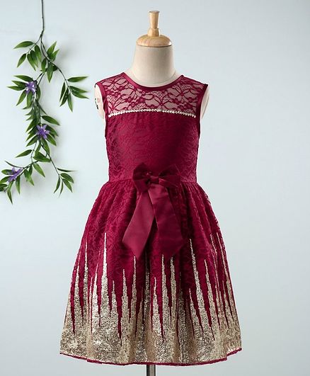 Babyhug Sleeveless Frock With Sequin Work & Bow Applique - Maroon