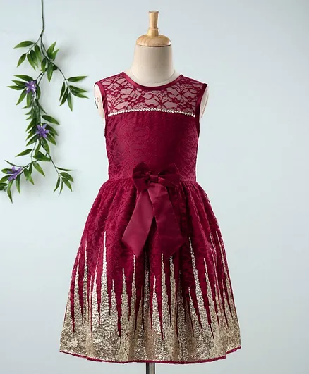 Babyhug Sleeveless Frock With Sequin Work & Bow Applique - Maroon