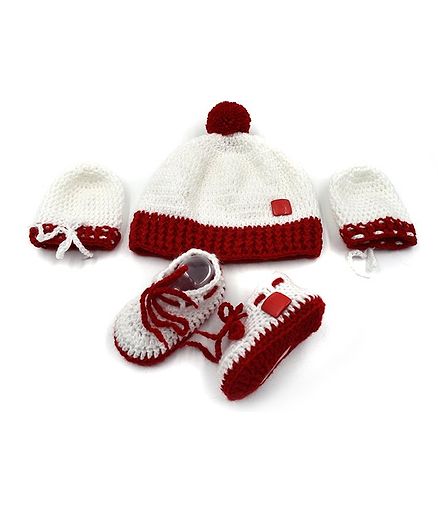 Magic Needles Pom Pom Applique Cap With Booties & Mittens - Red