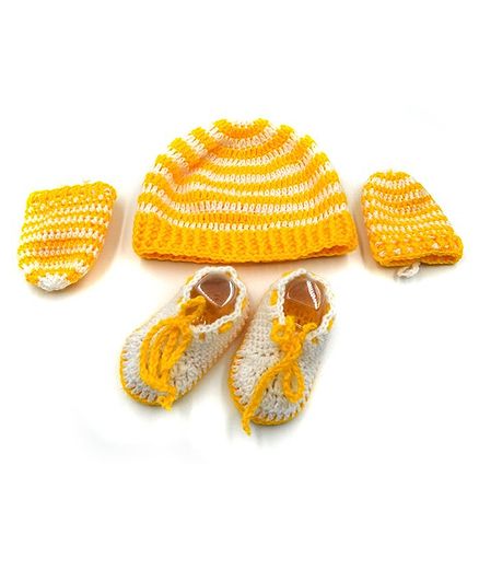 Magic Needles Striped Cap & Booties With Mittens - Yellow