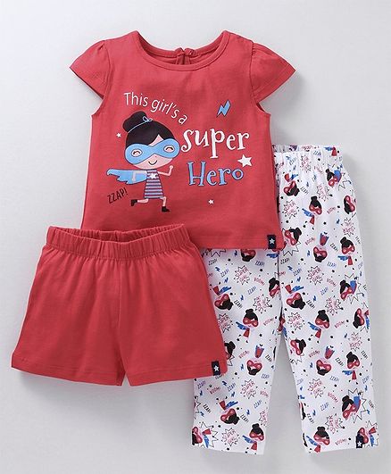 Babyoye Cotton Cap Sleeves Night Suit Combo Super Hero Print - Red