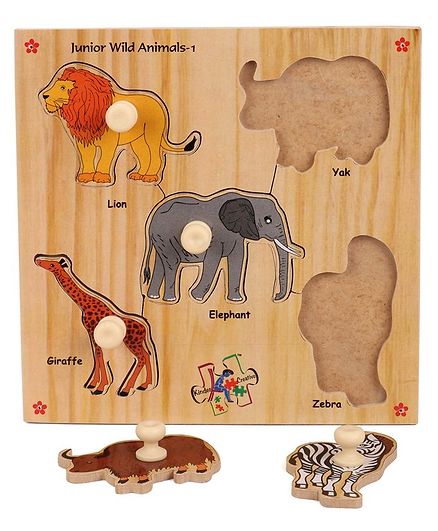 Kinder Creative Wooden Junior Wild Animals With Knobs Puzzle - Multicolor