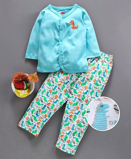 Babyhug Full Sleeves Cotton Night Suit Dino Print - Blue White
