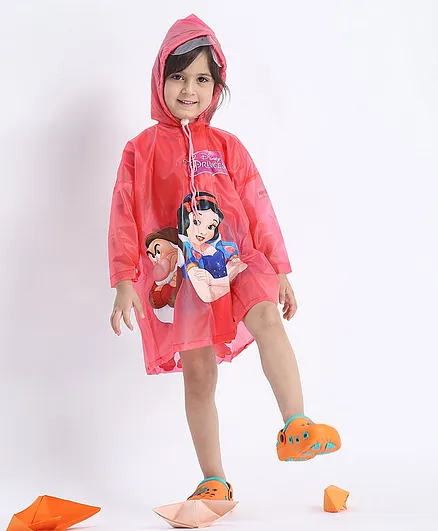 Babyhug Full Sleeves Hooded Raincoat Snow White Print - Pink