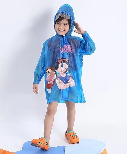 Babyhug Full Sleeves Hooded Raincoat Snow White Print - Blue