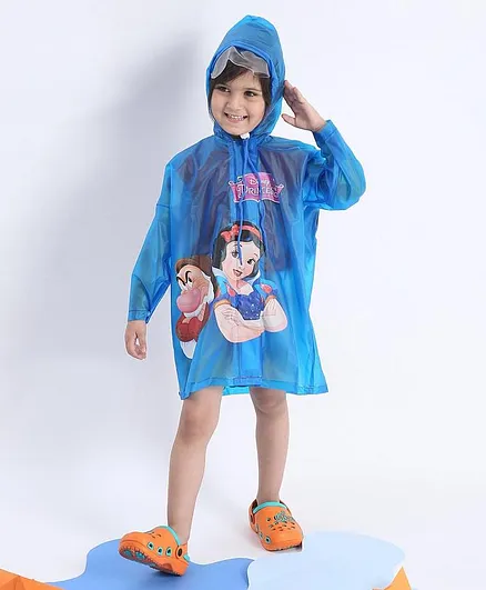 Babyhug Full Sleeves Hooded Raincoat Snow White Print - Blue