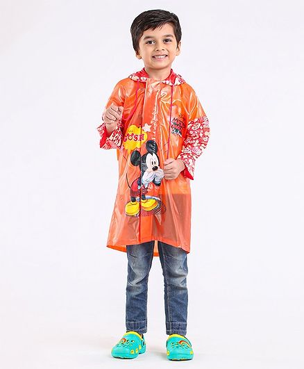 Babyhug Full Sleeves Hooded Raincoat With School Bag Provision Mickey Print - Orange