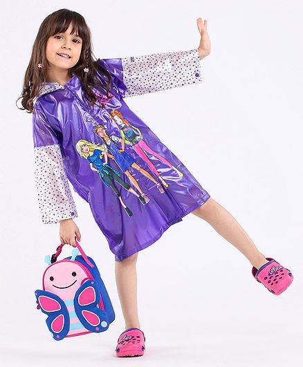 Babyhug Full Sleeves Hooded Raincoat With School Bag Provision Barbie Print - Dark Blue