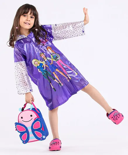 Babyhug Full Sleeves Hooded Raincoat With School Bag Provision Barbie Print - Dark Blue
