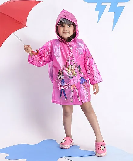 Babyhug Full Sleeves Hooded Raincoat With School Bag Provision Barbie Print - Pink