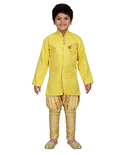 AJ Dezines Leaf Print Full Sleeves Sherwani & Pyjama Set - Yellow