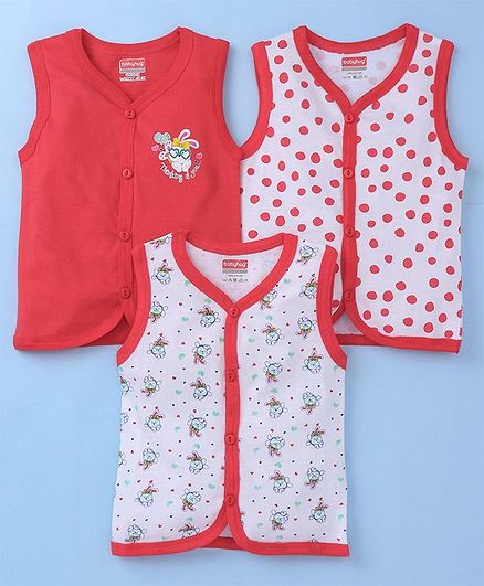 Babyhug Sleeveless Vests Polka Dot & Bunny Print - White Pink