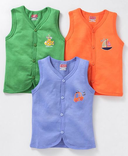 Babyhug Sleeveless Cotton Vests Pack of 3 - Green Blue Orange