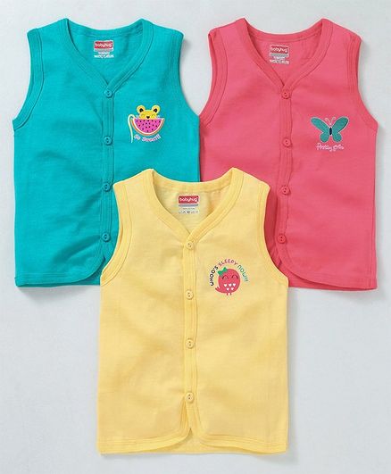 Babyhug Sleeveless Cotton Vests Pack of 3 - Pink Yellow Blue