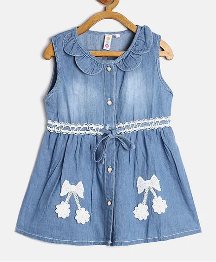 Kids On Board Bow Applique Sleeveless Front Open Dress - Blue