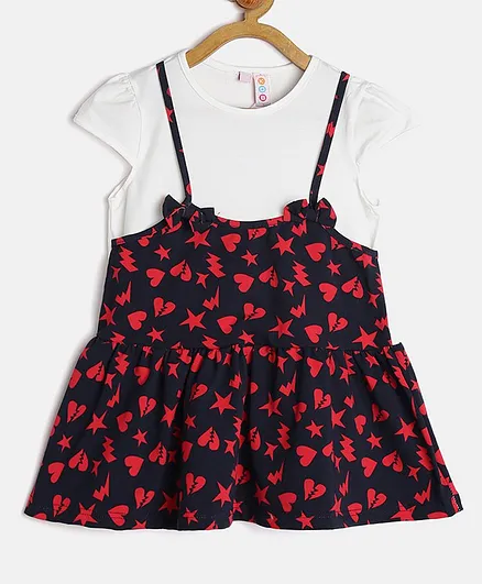 Kids On Board Stars & Hearts Print Cap Sleeves Dress - Navy