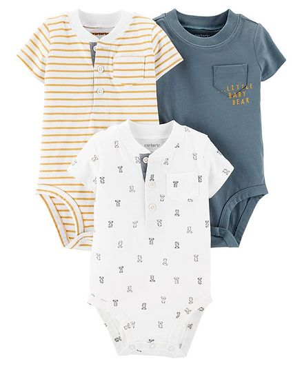 Carter's 3-Pack Baby Bear Henley & Pocket Bodysuits - Multicolour