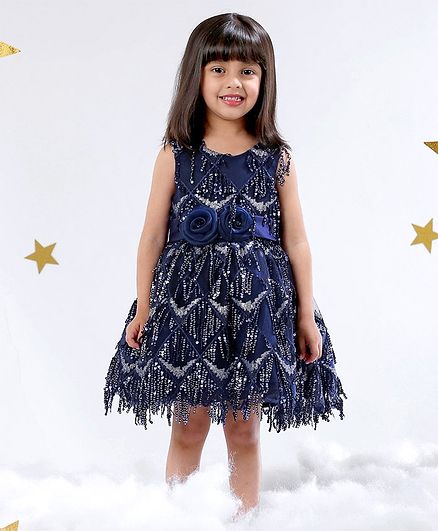 Mark & Mia Sleeveless Frock Floral Applique & Sequin Dangler - Navy Blue
