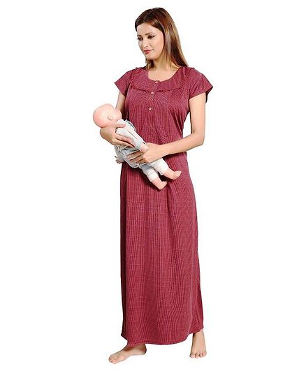 Fabme Half Sleeves Front Zip Access Maternity Nighty - Maroon