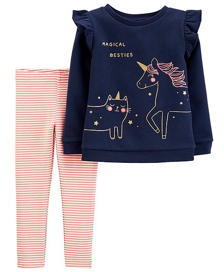 Carter's 2-Piece Unicorn Fleece Top & Striped Legging Set - Navy Blue
