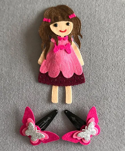 Kalacaree Set Of 3 Girl And Butterfly Applique Hair Clips - Pink