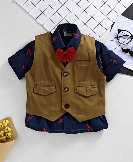 Rikidoos Full Sleeves Scorpion Print Shirt With Bow & Waistcoat Set - Navy Blue & Brown