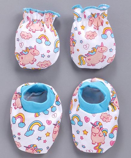 Babyhug Cotton Mittens And Booties Unicorn Print - White Blue