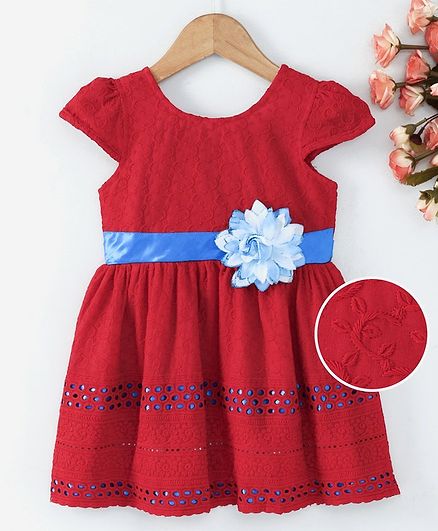 Enfance Core Cap Sleeves Floral Embroidered Dress - Red