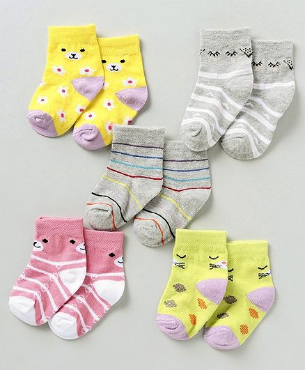 Cute Walk by Babyhug Anti Bacterial Ankle Length Non Terry Socks Multi Pattern Pack of 5 - Multicolour