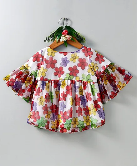 Many Frocks & Floral Print Half Sleeves Top - Red