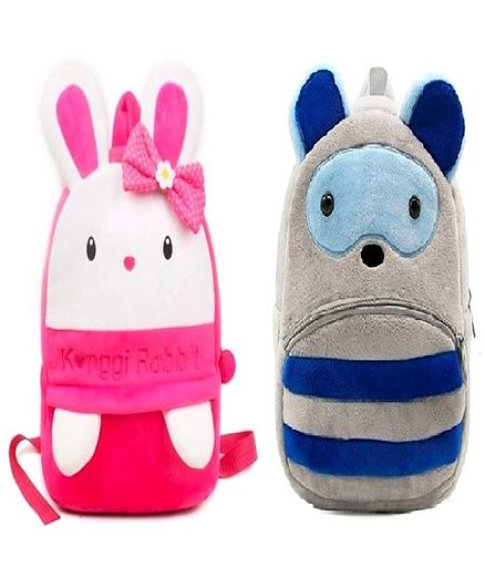 Frantic Velvet Nursery Bags Bunny & Racoon Design Pink Grey Pack of 2 -14 inches Each