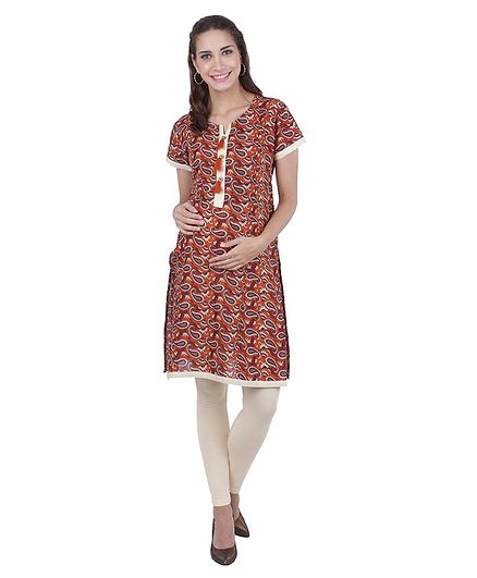 MomToBe Design Printed Half Sleeves Maternity Kurta - Orange