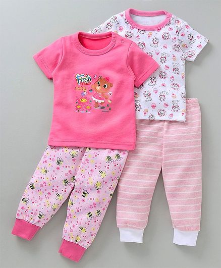 Kidi Wav Set Of 2 Multi Print Half Sleeves Tee & Pajama Set - Pink