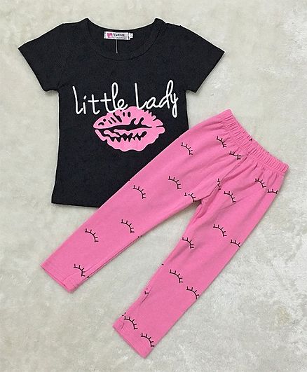 Awabox Lips Print Short Sleeves Tee & Leggings Set - Black & Pink
