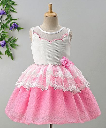 Babyhug Sleeveless Embroidered & Layered Party Wear Frock - White Pink