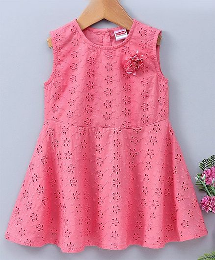 Babyhug Sleeveless Schiffli Frock - Coral