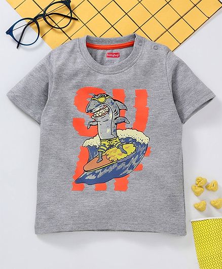 Babyhug Half Sleeves Tee Shark Print - Grey