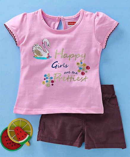 Babyhug Short Sleeves Tee & Corduroy Shorts Text Print - Pink Magenta