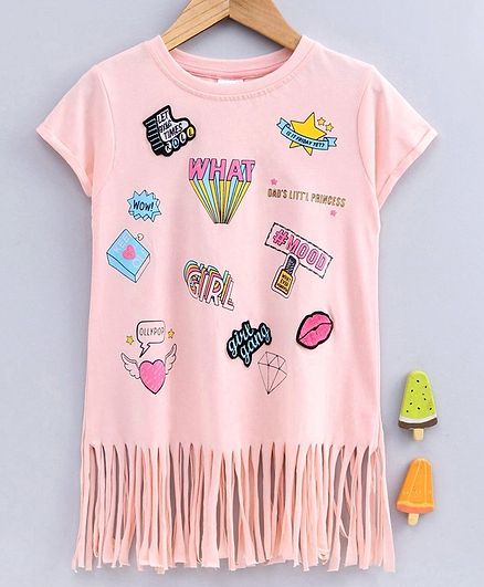 Ollypop Half Sleeves Fringe Hem Top Girl Gang Print - Baby Pink