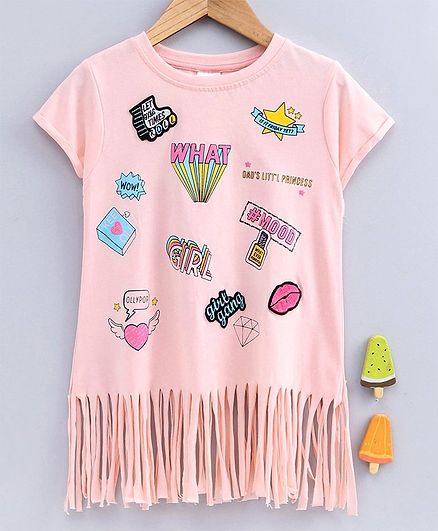 Ollypop Half Sleeves Fringe Hem Top Girl Gang Print - Cream