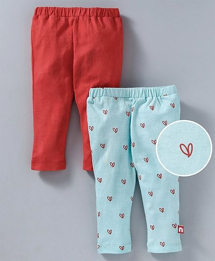 Nino Bambino Ankle Length Solid & Heart Printed Leggings Pack Of Two - Blue & Red