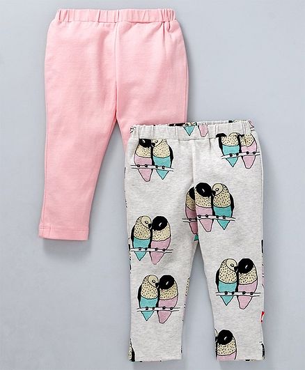 Nino Bambino Ankle Length Solid & Birds Printed Leggings Pack Of Two - Pink & Grey