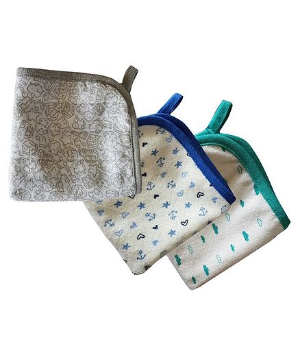 Kadambaby Wash Cloth Multiprint Pack of 3 - Blue Green Grey