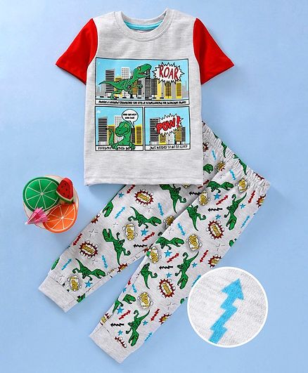 Babyhug Half Sleeves Tee & Lounge Pant Comic Print - Grey